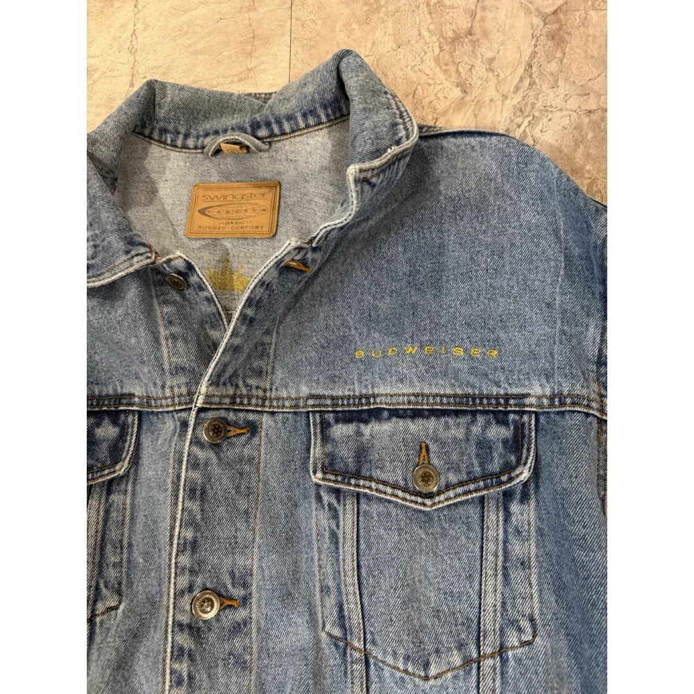 VTG Y2K Budweiser Denim Jacket XL Swinger Casuals Beer Embroidered King Of Beers